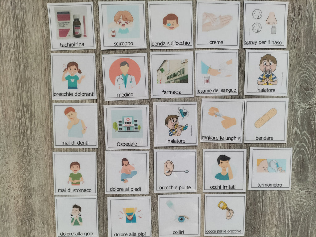 Pittogrammi CAA dolore e cura – 24 pezzi PECS autismo comunicazione bambini