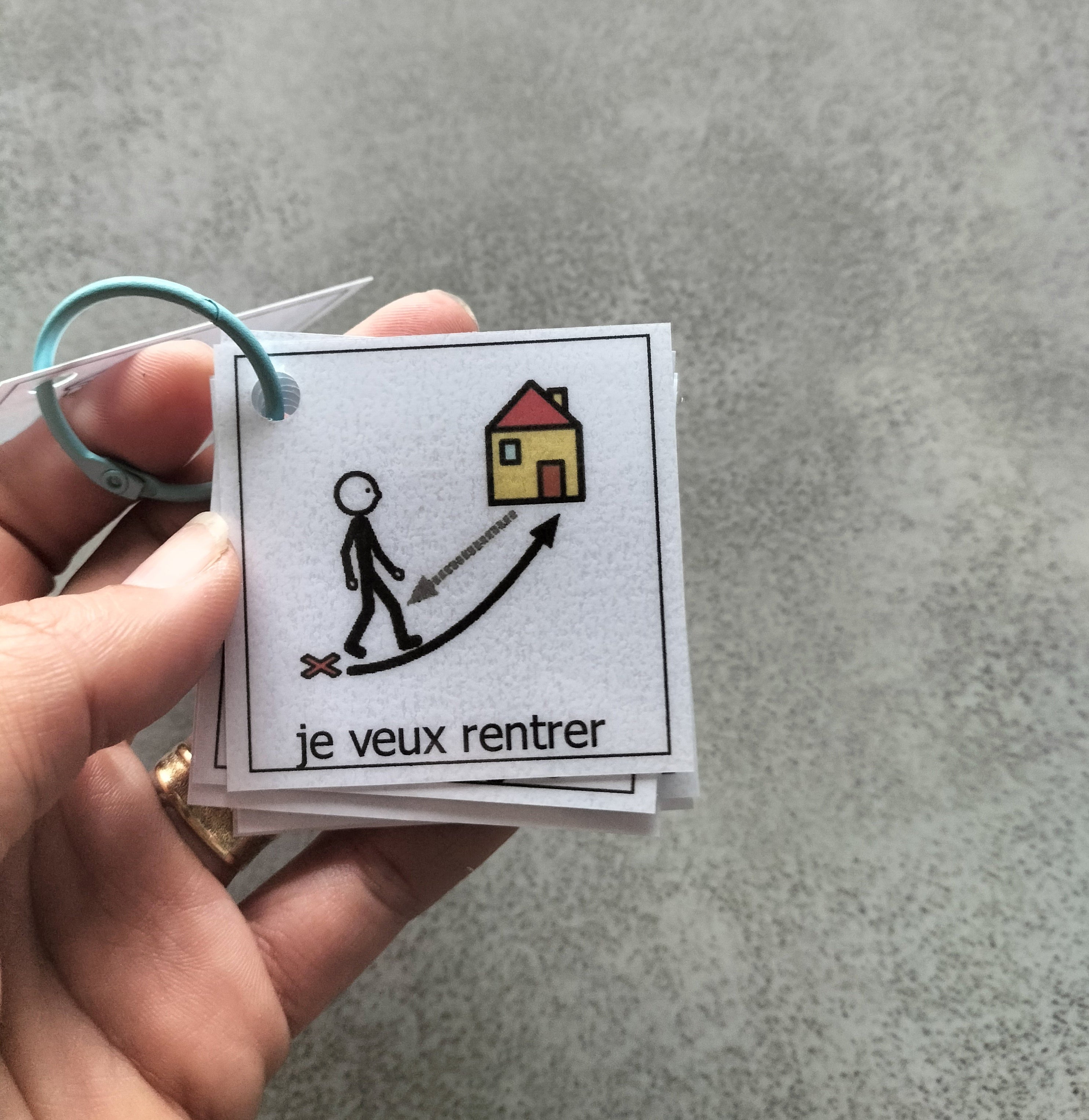 Porte-clés pictogrammes besoins essentiels – Communication CAA / PECS portable enfant TSA TDAH – Mousqueton sortie