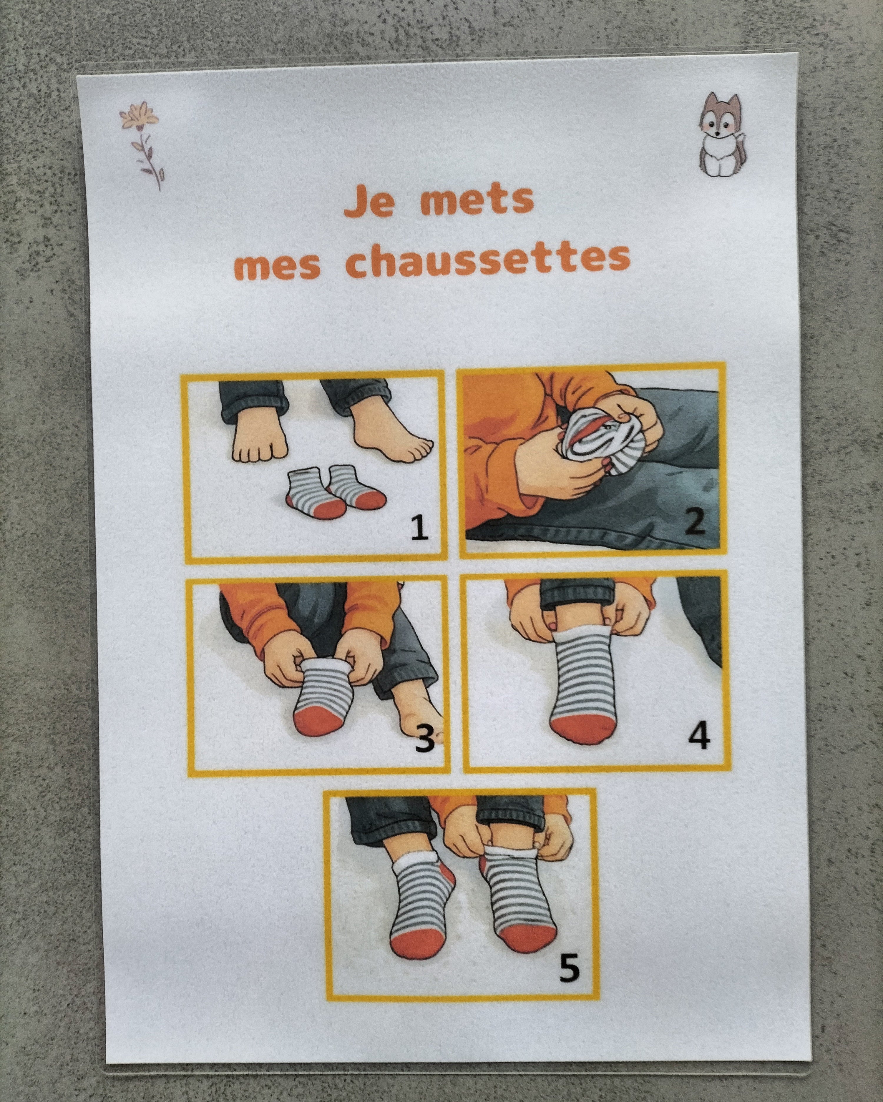 Séquentiel chaussettes enfant – Apprentissage habillage Montessori – CAA / PECS TSA TDAH – autonomie A4 plastifiée
