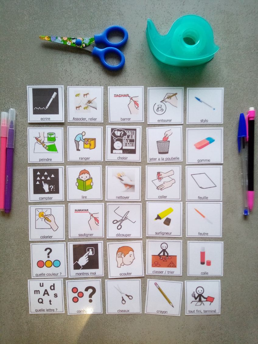 Lot 30 pictogrammes matériel scolaire et consignes – communication visuelle classe PECS Montessori TSA
