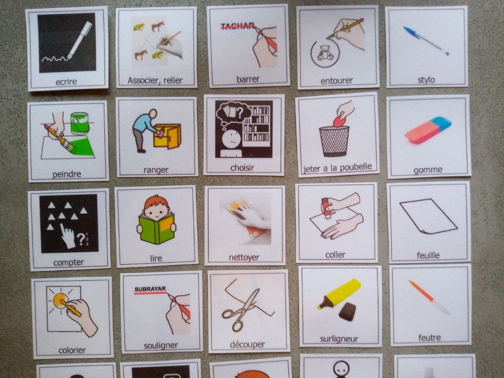 Lot 30 pictogrammes matériel scolaire et consignes – communication visuelle classe PECS Montessori TSA