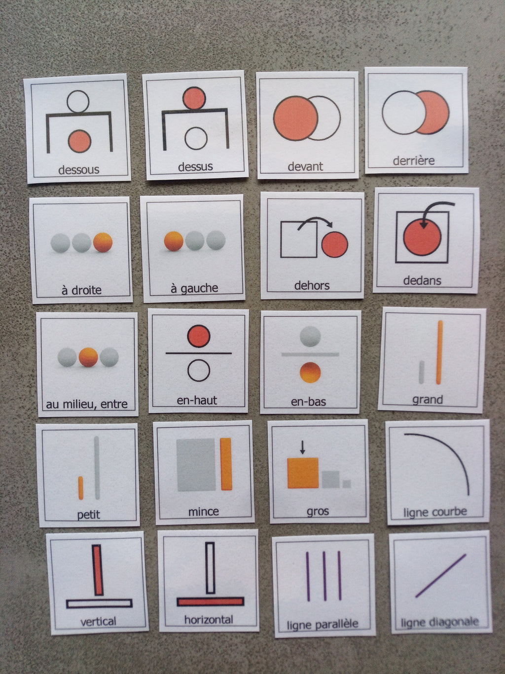 20 pictogrammes repérage espace enfant – prépositions Montessori PECS CAA – TSA non verbal maternelle mathématiques