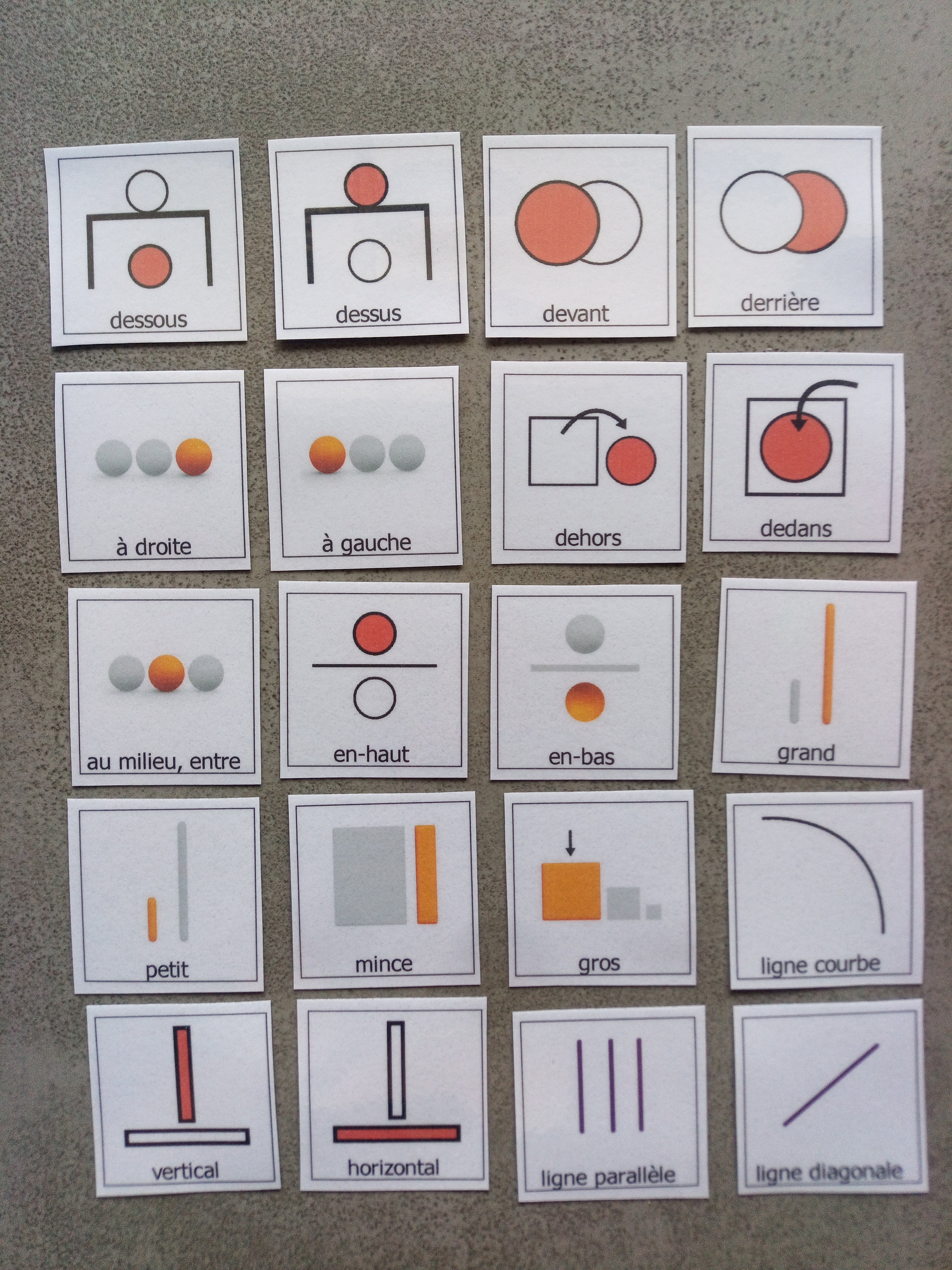20 pictogrammes repérage espace enfant – prépositions Montessori PECS CAA – TSA non verbal maternelle mathématiques