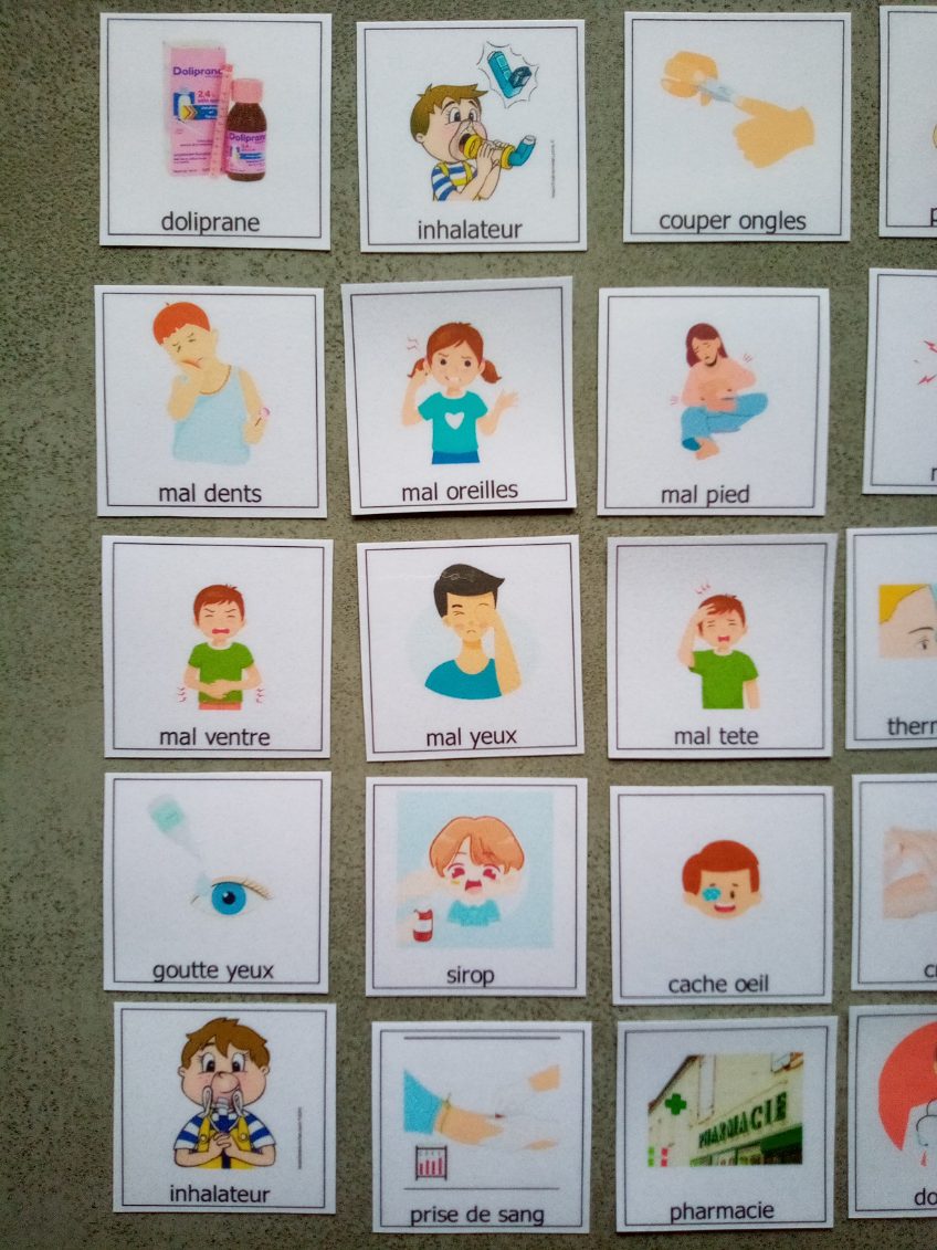 24 pictogrammes douleur et soins enfant – PECS / Makaton – communication TSA non verbal Montessori – expression douleur