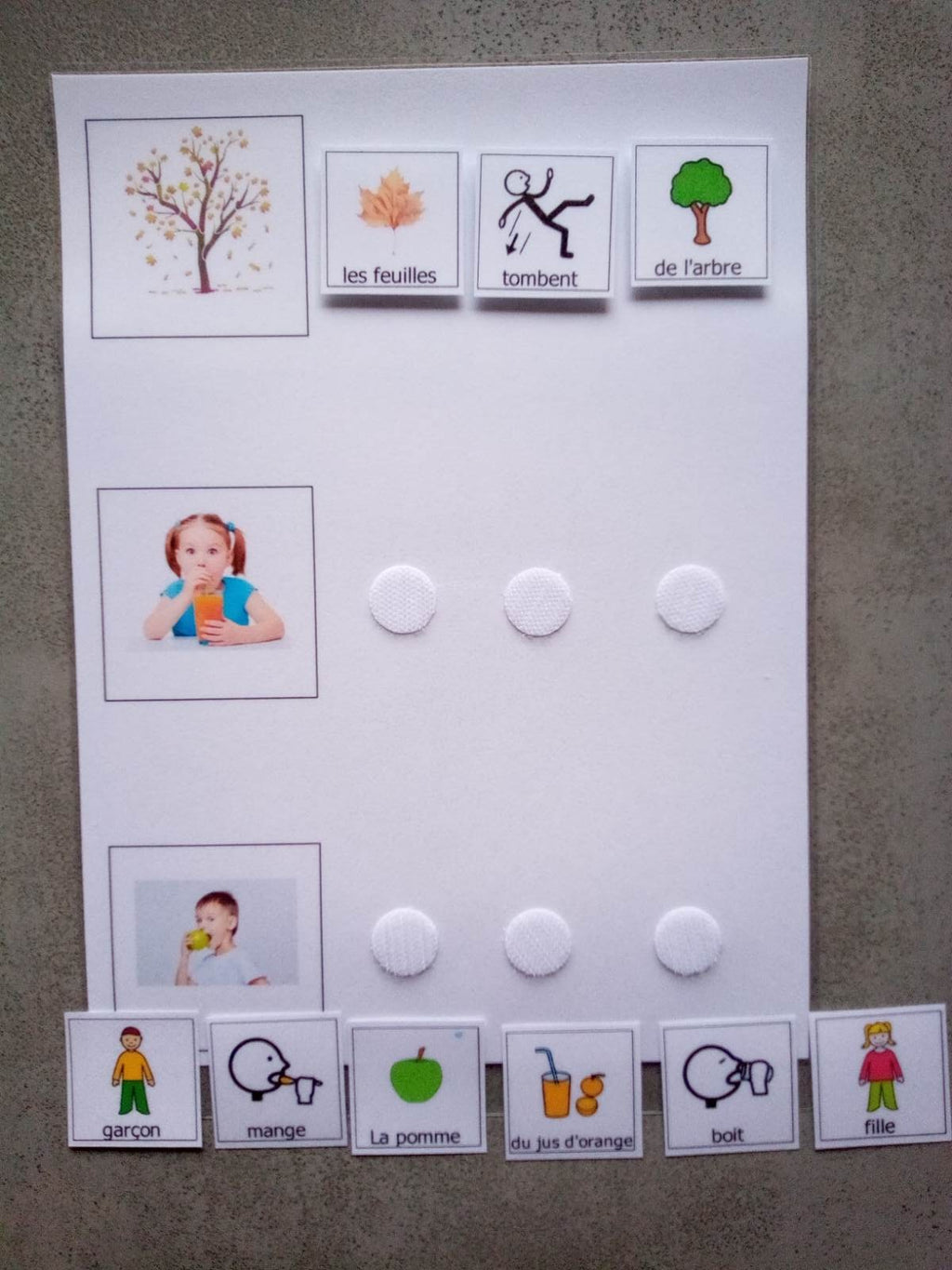 Support construction phrase pictogrammes enfant – PECS / Makaton CAA – apprentissage langage TSA non verbal – A4 plastifiée