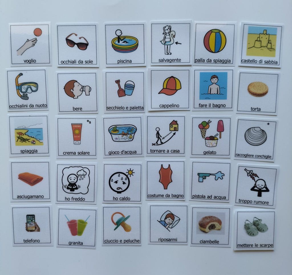 30 Pictogrammi Estate e Mare – Comunicazione PECS Montessori per Bambini Non Verbali