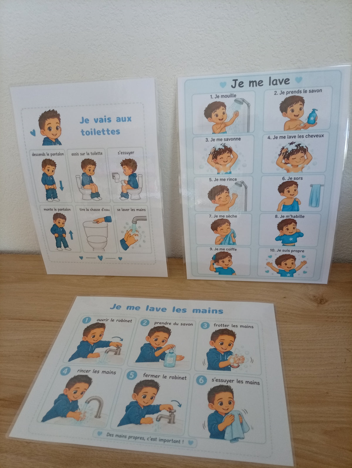Affiches Séquentielles Toilettes & Hygiène Enfant – 3 Routines Fille ou Garçon