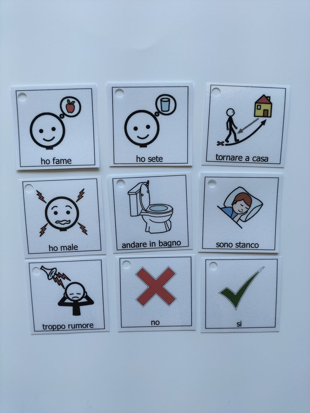 9 Pictogrammi Portachiavi con Anello – Comunicazione CAA per Bisogni Essenziali